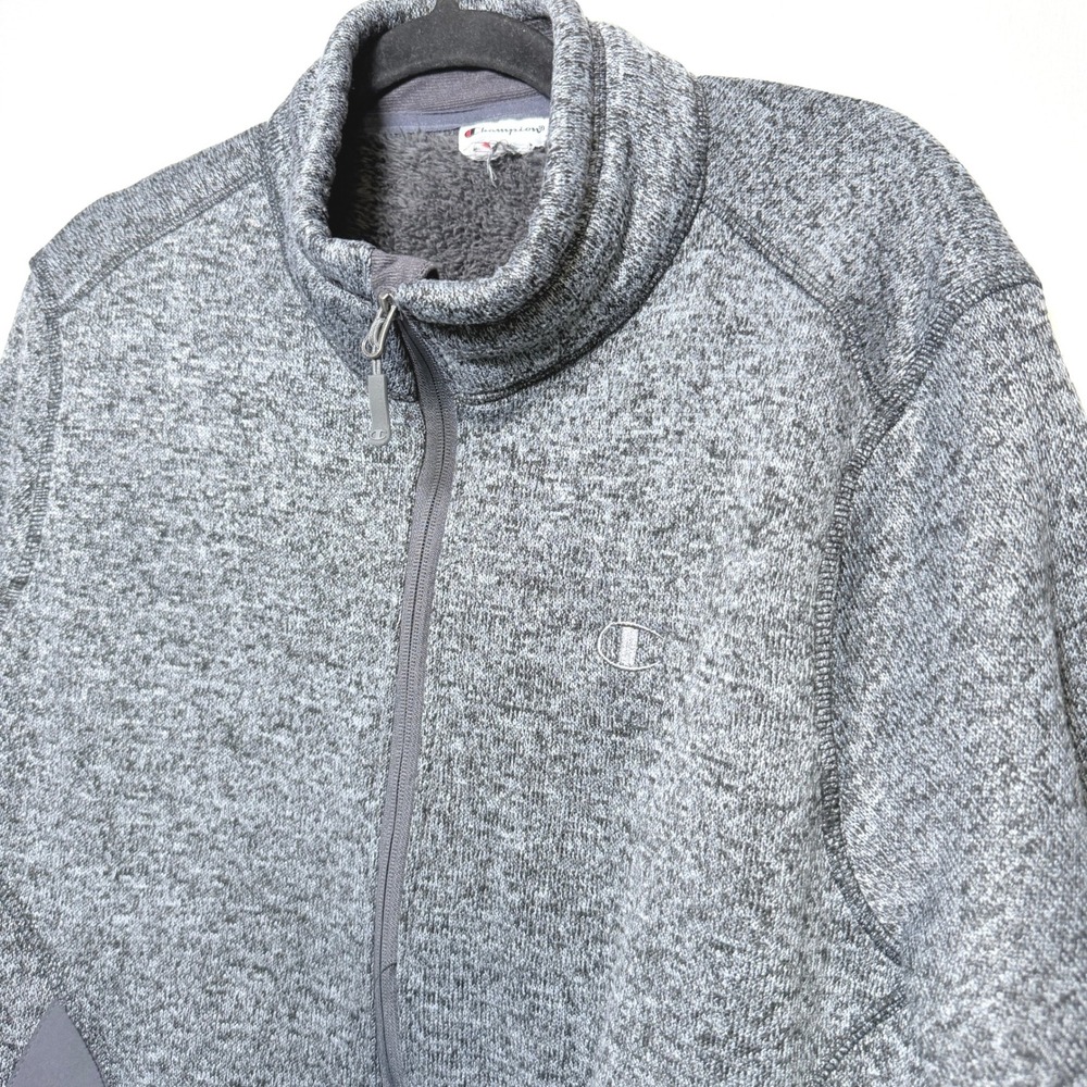 Champion Mens Grey Heathered Sherpa Lined Full Zip Fleece Jacket Mock Neck XL?